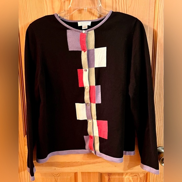 Christopher & Banks Black Cardigan w/Colorful Blocks Buttons SZ L Teacher Modest - Picture 13 of 17